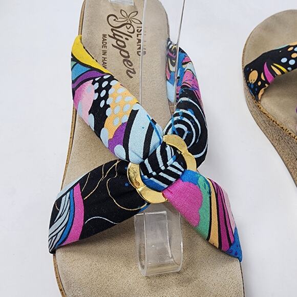 Island Slipper Wedge Women 8 Colorful Pink Black Fabric with Gold Ring Comfort - Picture 3 of 10